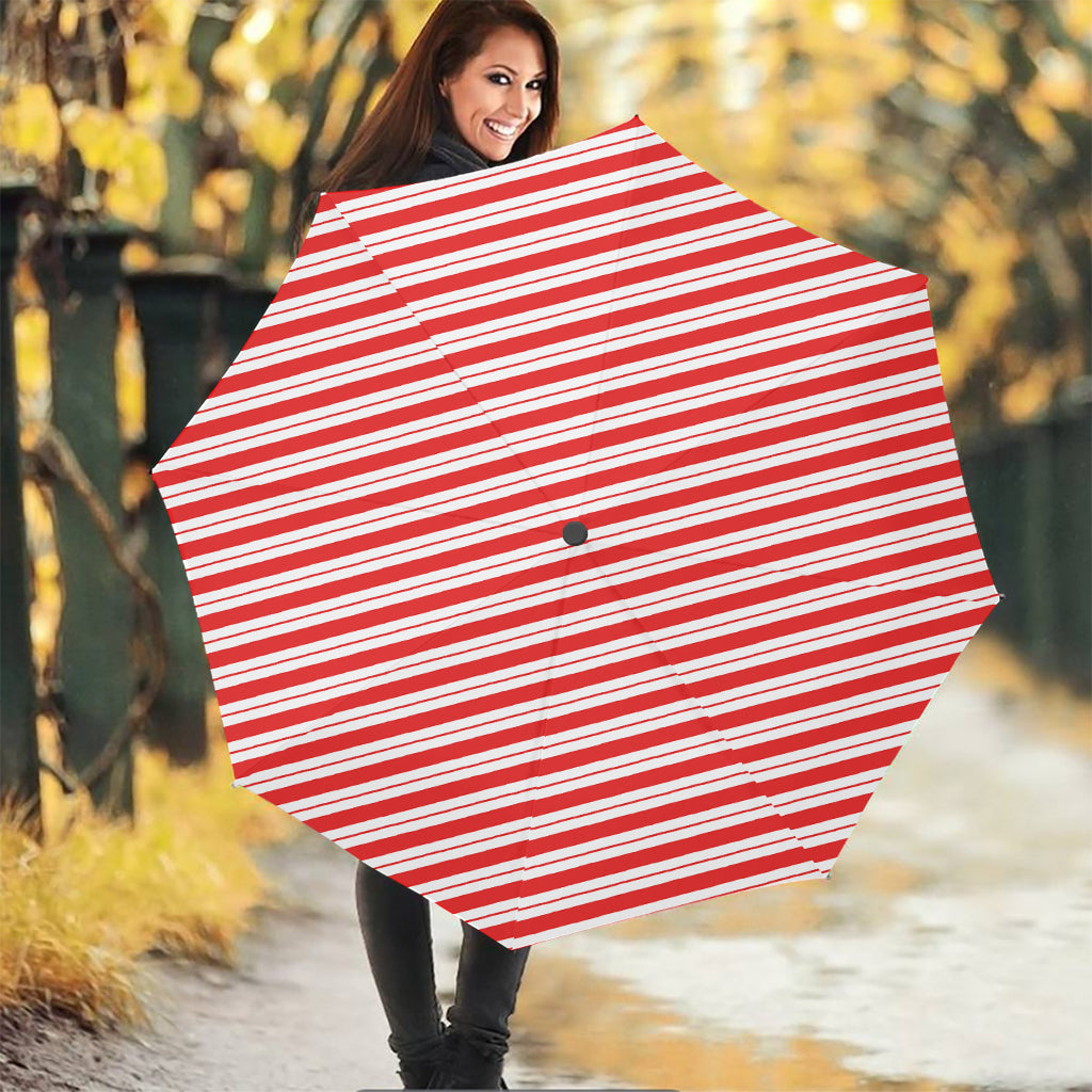 Red And White Candy Cane Stripes Print Foldable Umbrella