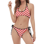 Red And White Candy Cane Stripes Print Halter Scoop Tie Side Bikini