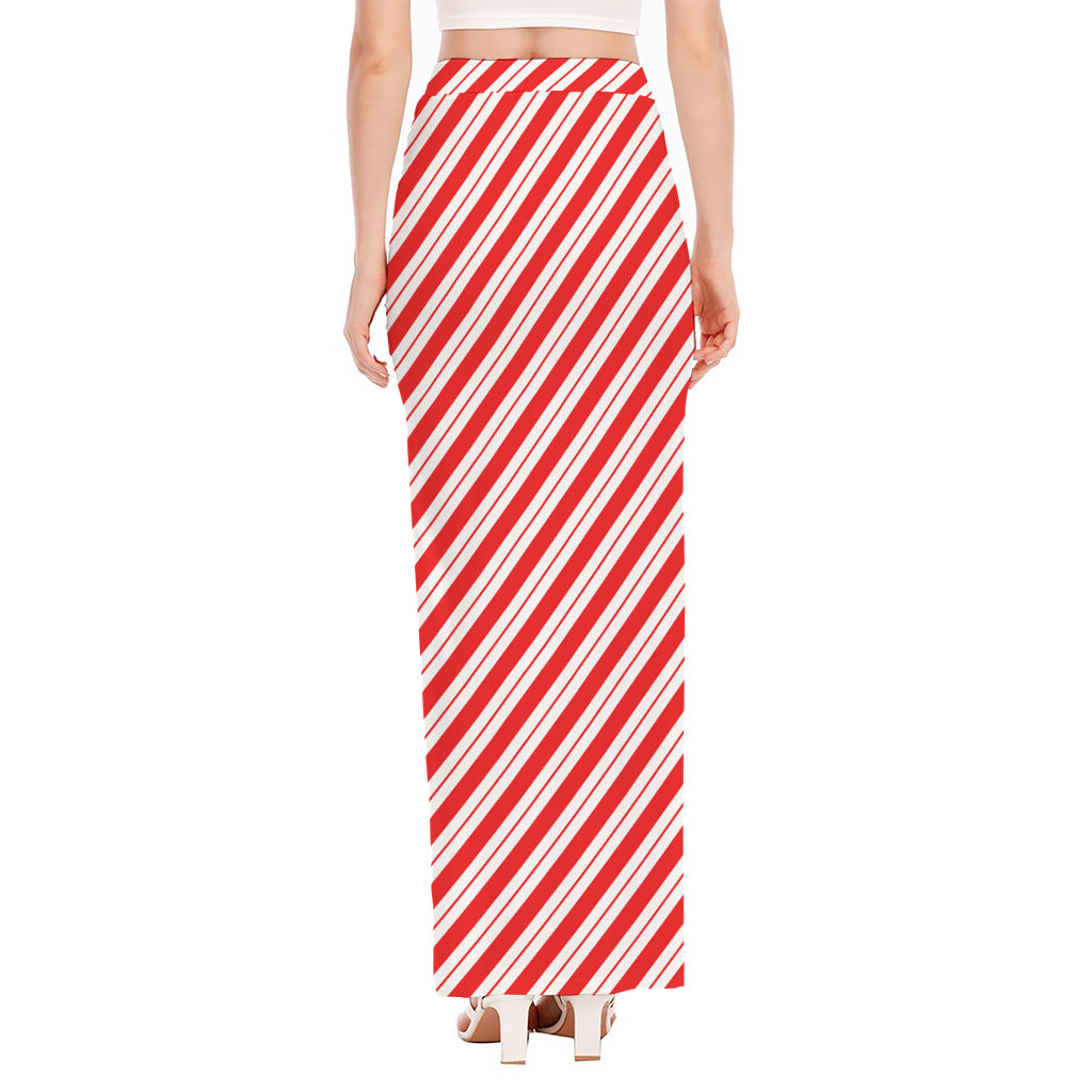 Red And White Candy Cane Stripes Print High Slit Maxi Skirt