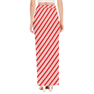 Red And White Candy Cane Stripes Print High Slit Maxi Skirt