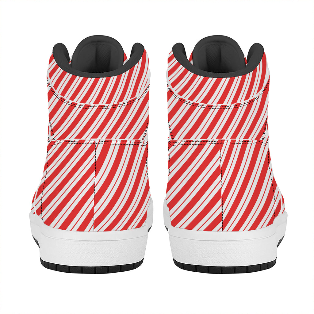 Red And White Candy Cane Stripes Print High Top Leather Sneakers