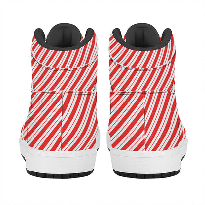Red And White Candy Cane Stripes Print High Top Leather Sneakers
