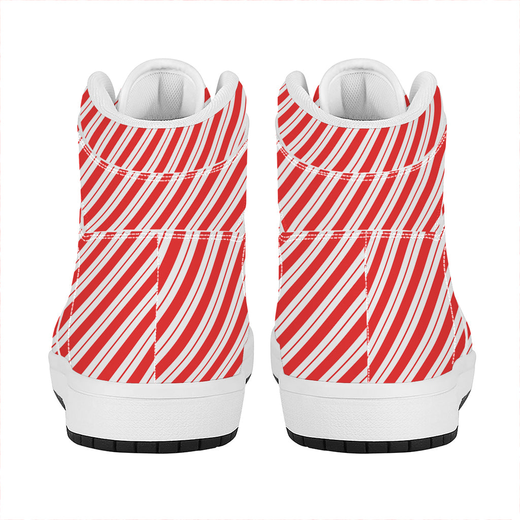 Red And White Candy Cane Stripes Print High Top Leather Sneakers