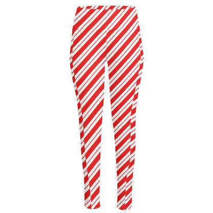 Red And White Candy Cane Stripes Print High-Waisted Pocket Leggings
