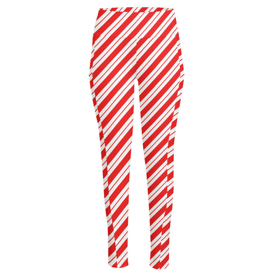 Red And White Candy Cane Stripes Print High-Waisted Pocket Leggings