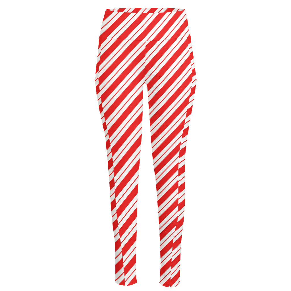 Red And White Candy Cane Stripes Print High-Waisted Pocket Leggings