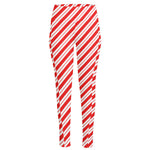 Red And White Candy Cane Stripes Print High-Waisted Pocket Leggings