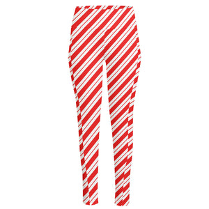 Red And White Candy Cane Stripes Print High-Waisted Pocket Leggings