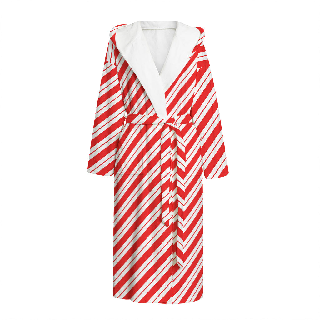 Red And White Candy Cane Stripes Print Hooded Bathrobe