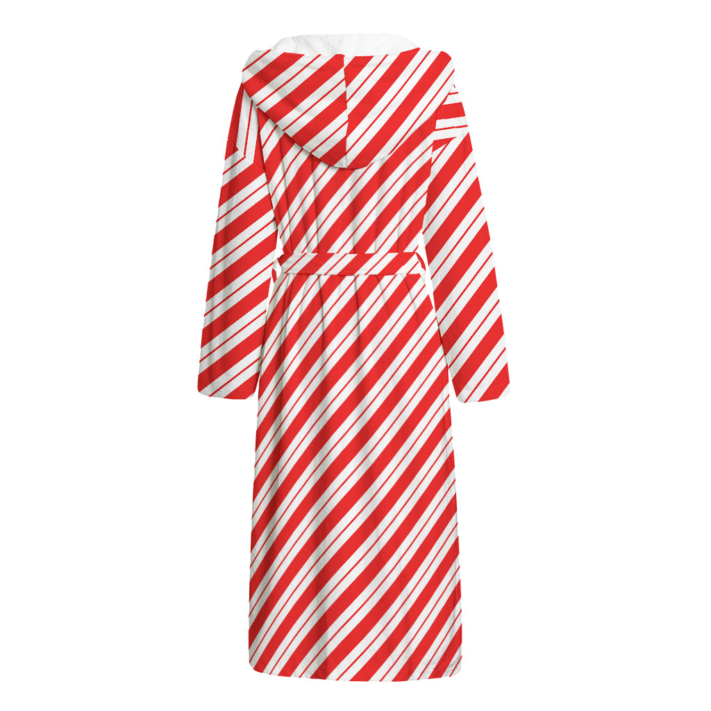 Red And White Candy Cane Stripes Print Hooded Bathrobe