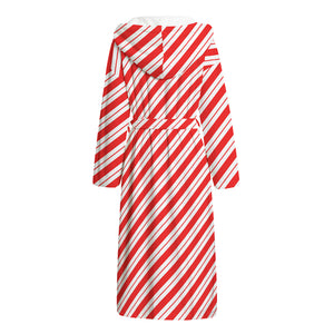 Red And White Candy Cane Stripes Print Hooded Bathrobe