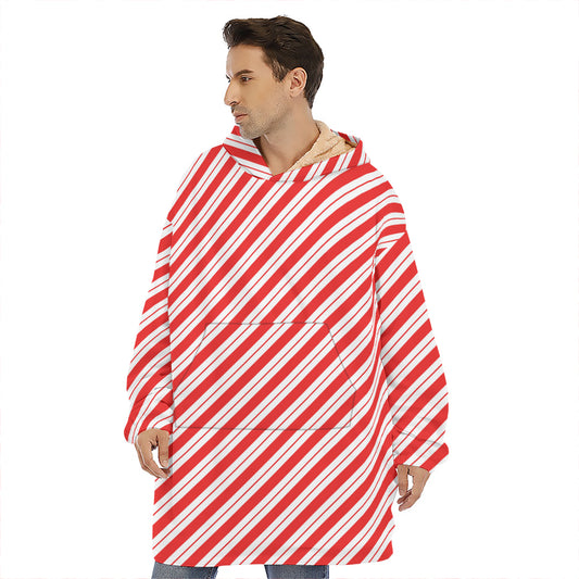 Red And White Candy Cane Stripes Print Hoodie Blanket