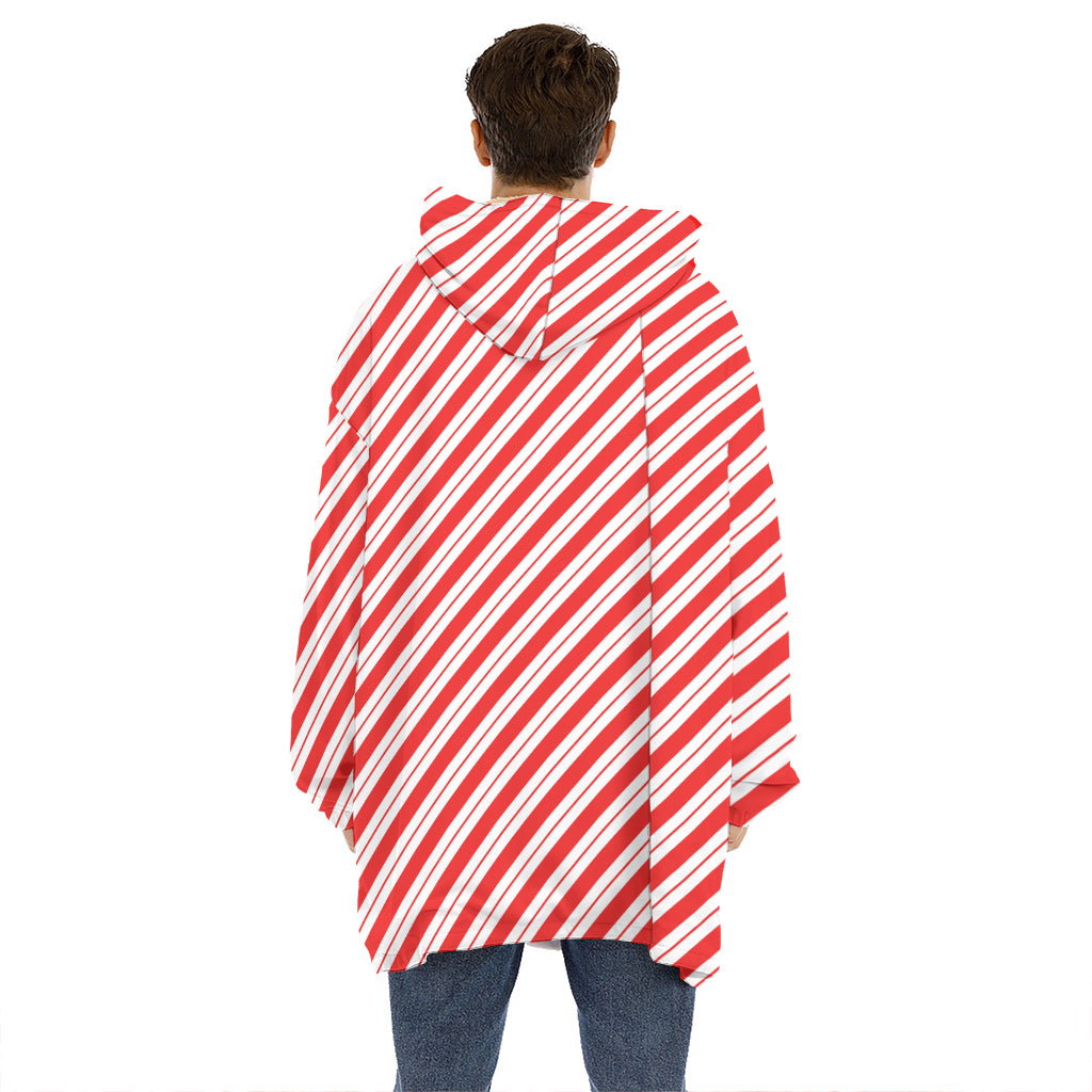 Red And White Candy Cane Stripes Print Hoodie Blanket