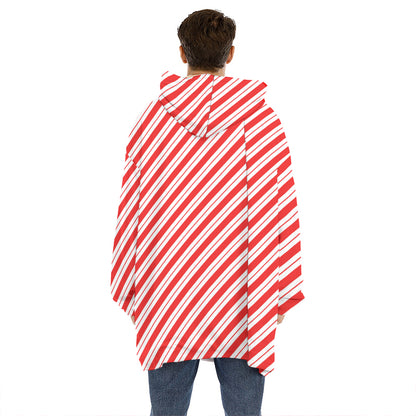 Red And White Candy Cane Stripes Print Hoodie Blanket
