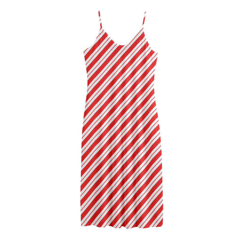 Red And White Candy Cane Stripes Print Jersey Midi Cami Dress