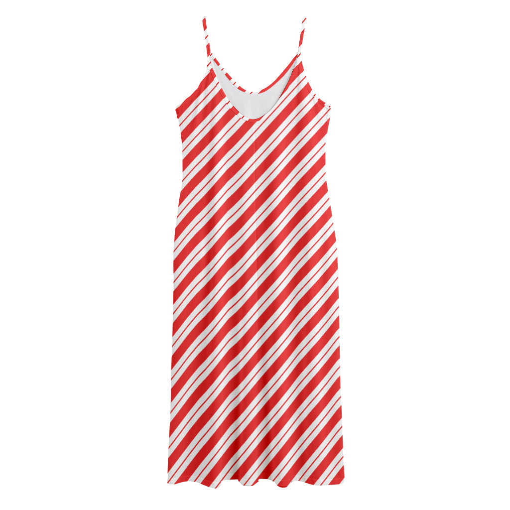 Red And White Candy Cane Stripes Print Jersey Midi Cami Dress