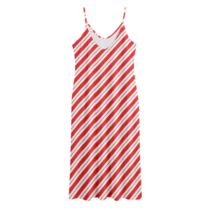 Red And White Candy Cane Stripes Print Jersey Midi Cami Dress