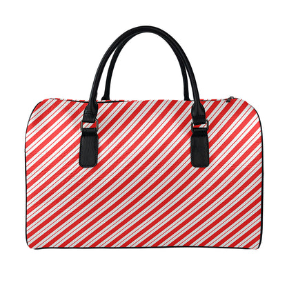 Red And White Candy Cane Stripes Print Leather Duffle Bag