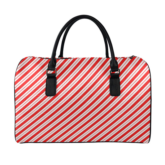 Red And White Candy Cane Stripes Print Leather Duffle Bag