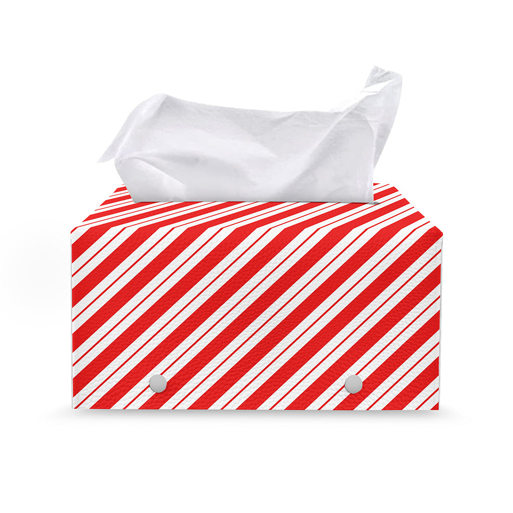 Red And White Candy Cane Stripes Print Leather Tissue Box Cover