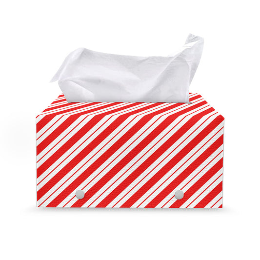 Red And White Candy Cane Stripes Print Leather Tissue Box Cover