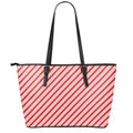 Red And White Candy Cane Stripes Print Leather Tote Bag With Zipper