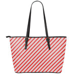 Red And White Candy Cane Stripes Print Leather Tote Bag