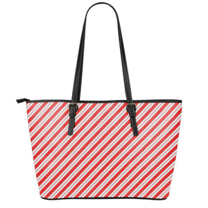 Red And White Candy Cane Stripes Print Leather Tote Bag