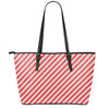 Red And White Candy Cane Stripes Print Leather Tote Bag