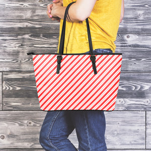 Red And White Candy Cane Stripes Print Leather Tote Bag