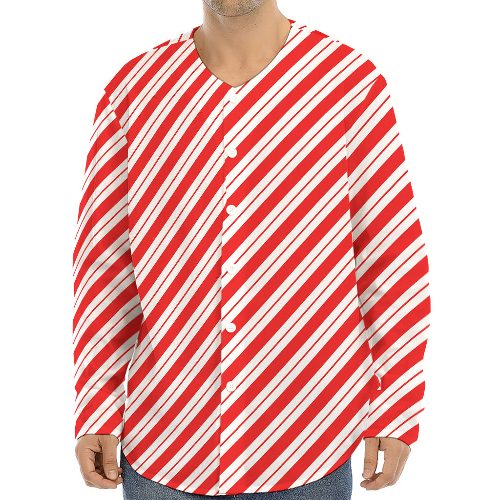 Red And White Candy Cane Stripes Print Long Sleeve Baseball Jersey