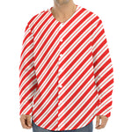 Red And White Candy Cane Stripes Print Long Sleeve Baseball Jersey