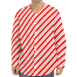 Red And White Candy Cane Stripes Print Long Sleeve Baseball Jersey