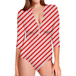 Red And White Candy Cane Stripes Print Long Sleeve Swimsuit