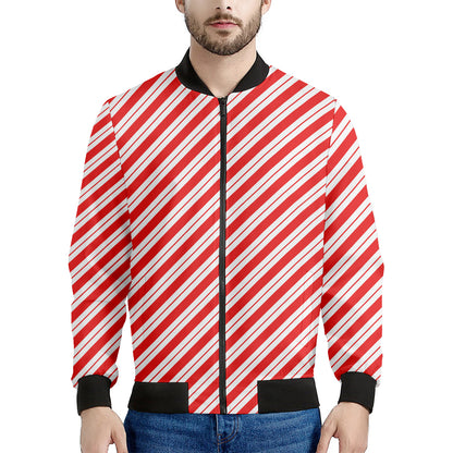 Red And White Candy Cane Stripes Print Men's Bomber Jacket