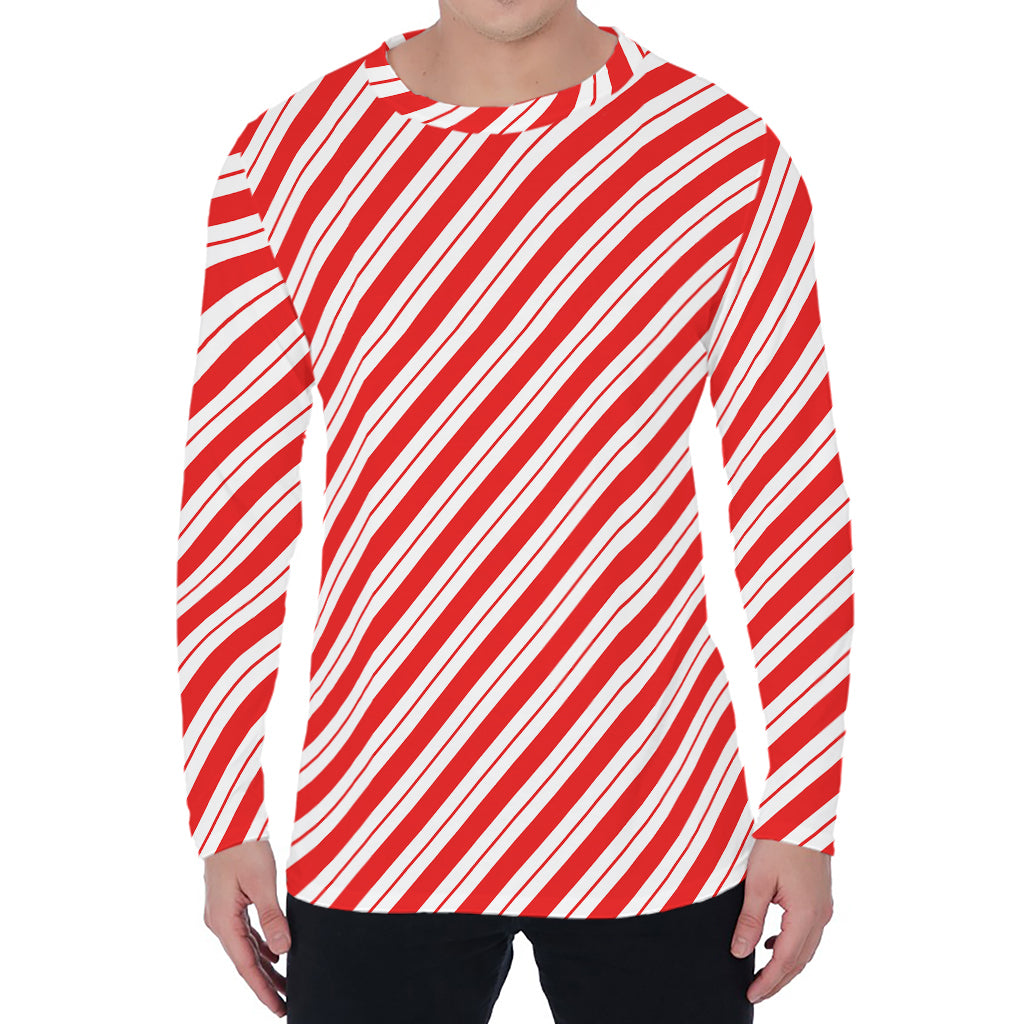 Red And White Candy Cane Stripes Print Men's Long Sleeve T-Shirt