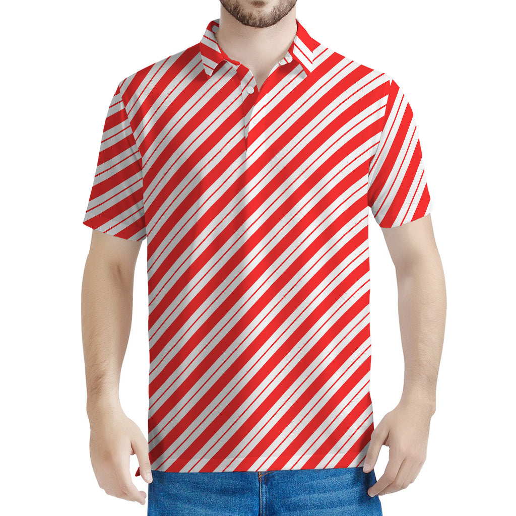 Red And White Candy Cane Stripes Print Men's Polo Shirt