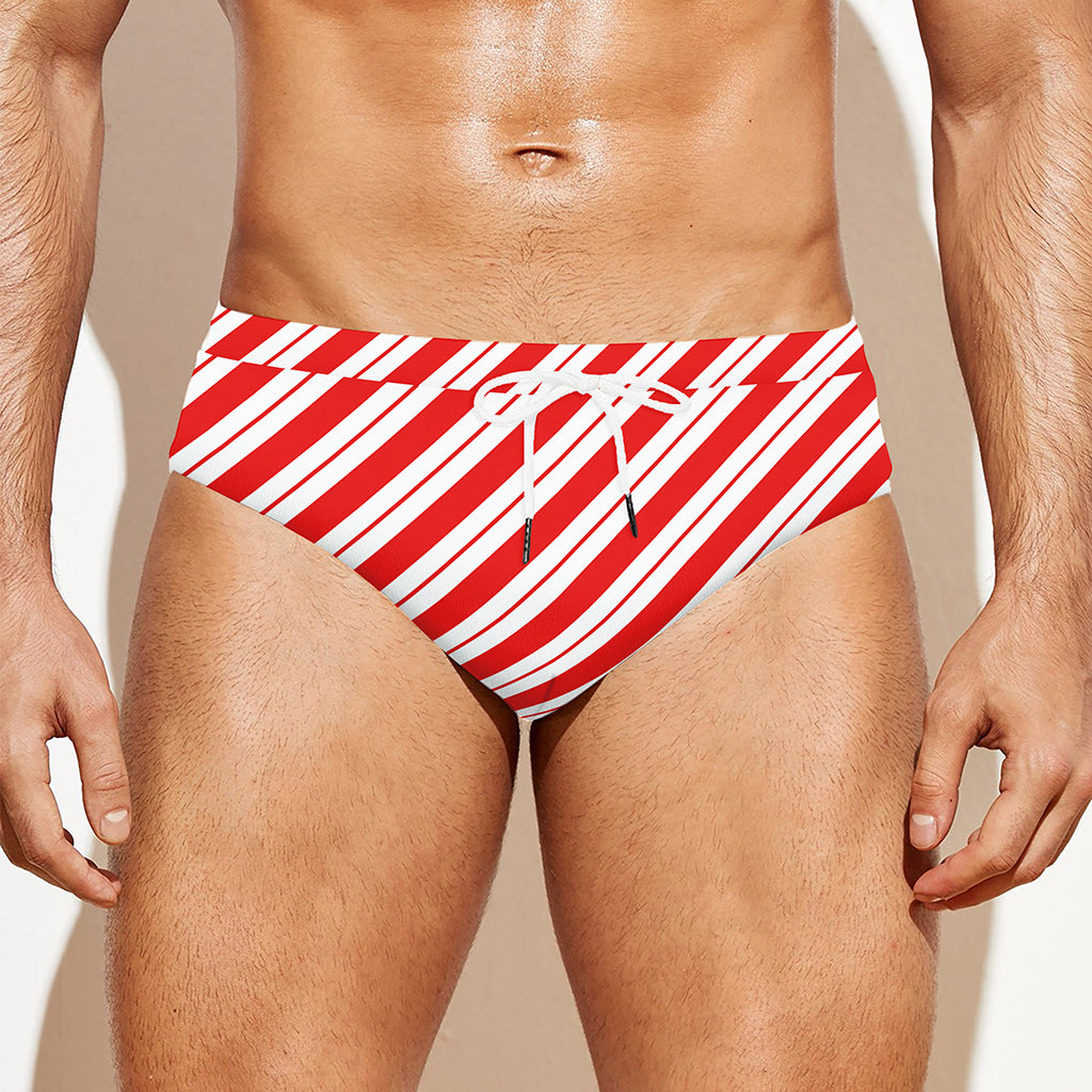 Red And White Candy Cane Stripes Print Men's Swim Briefs