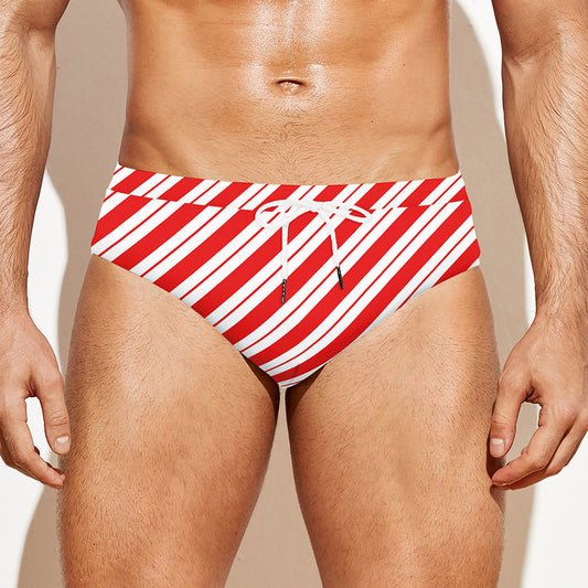 Red And White Candy Cane Stripes Print Men's Swim Briefs