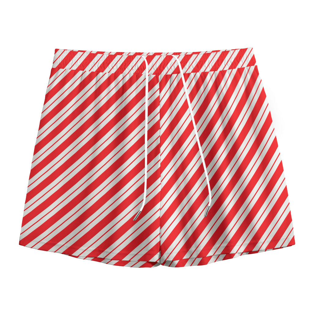 Red And White Candy Cane Stripes Print Mesh Shorts