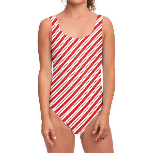 Red And White Candy Cane Stripes Print One Piece Swimsuit