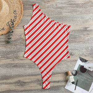 Red And White Candy Cane Stripes Print One Shoulder Bodysuit