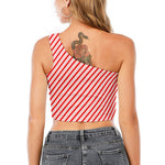 Red And White Candy Cane Stripes Print One Shoulder Crop Top