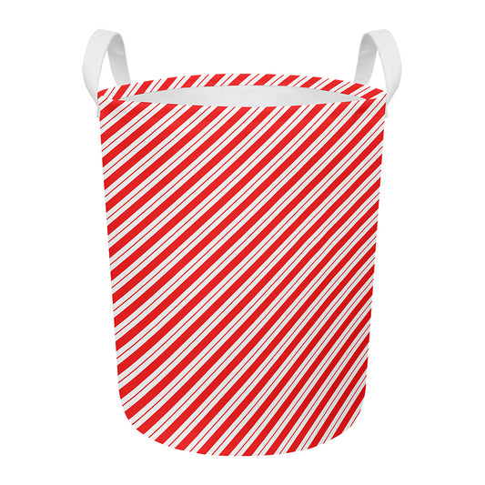Red And White Candy Cane Stripes Print Round Laundry Basket