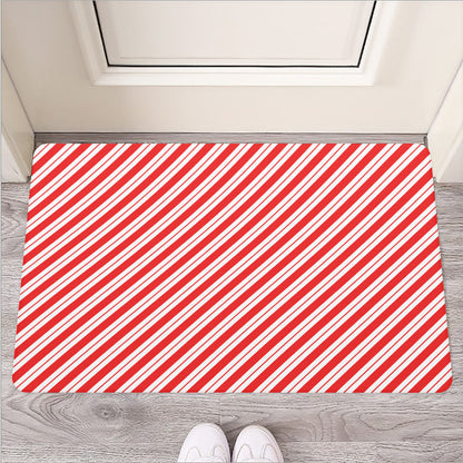 Red And White Candy Cane Stripes Print Rubber Doormat