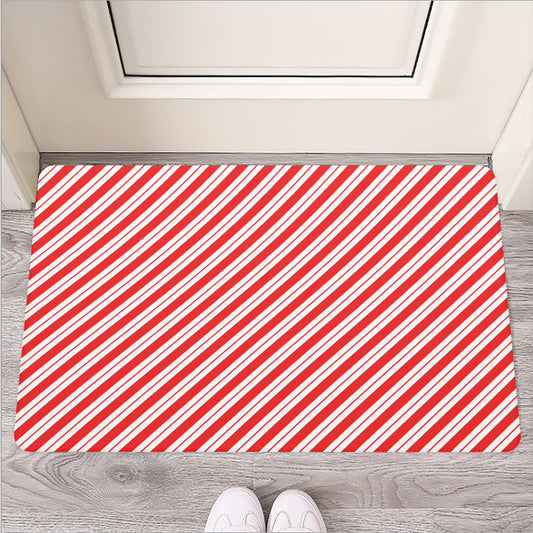 Red And White Candy Cane Stripes Print Rubber Doormat