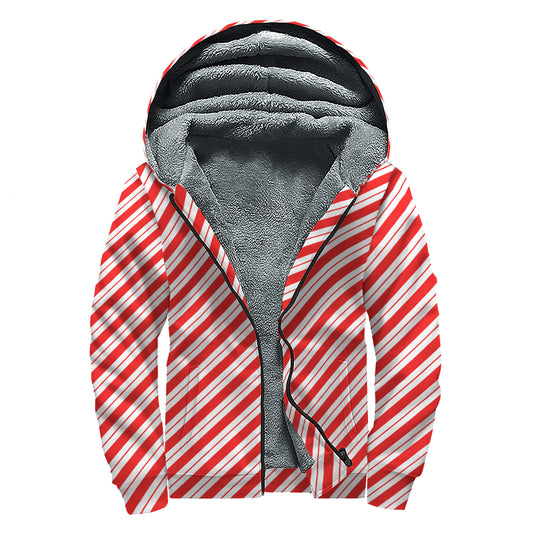 Red And White Candy Cane Stripes Print Sherpa Lined Zip Up Hoodie