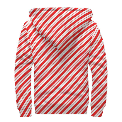 Red And White Candy Cane Stripes Print Sherpa Lined Zip Up Hoodie