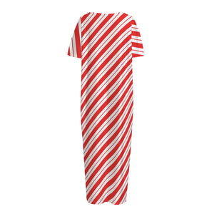 Red And White Candy Cane Stripes Print Short Sleeve Long Nightdress