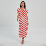 Red And White Candy Cane Stripes Print Short Sleeve Maxi Dress